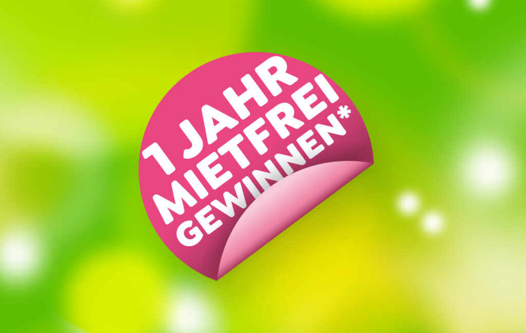 grüner Hintergrund mit pinkfarbenen Button 1 Jahr mietfrei gewinnen