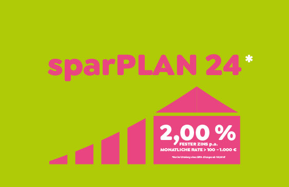 Pinkfarbene sparPLAN 24-Schrift auf hellgrünem Hintergrund mit aufsteigenden pinkfarbenen Säulen und daneben mit einem skizzierten Haus in Pink mit der Innenschrift 2,00 Prozent